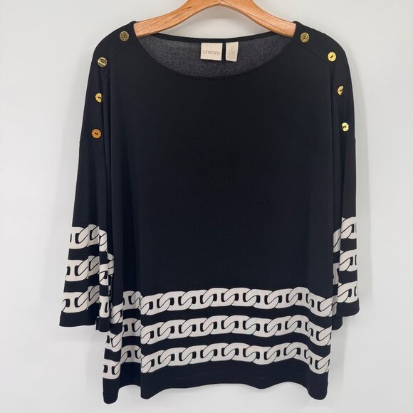 Chicos 2 Black knit Top  Gold Button Accents  Chain Print Hem Womens size Large - Picture 5 of 11